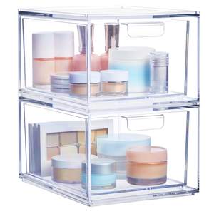 STORi Audrey Stackable Clear Bin Plastic Organizer Drawers | 2 Piece Set | Organize Cosmetics and Beauty Suppl