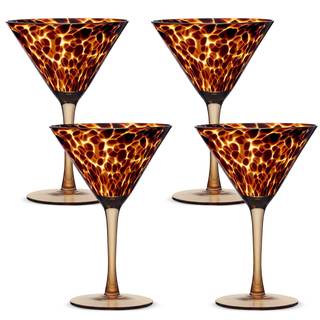 Honeydak Set of 4 Tortoise Leopard Print Martini 7oz Brown Rocks Glasses Stylish Stemless Cocktail Cups Tortoi