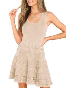 Fisoew Womens Summer Mini Dresses Crewneck Knitted Crochet Tank Sundress | Casual, Crochet Hem, Slim, Cute, Su