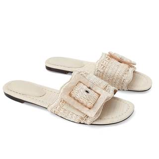ZJGZF Raffia Sandals for Women Buckle Straw flats Woven Braided Rattan Slides Summer Beach Sandals Comfort Cut