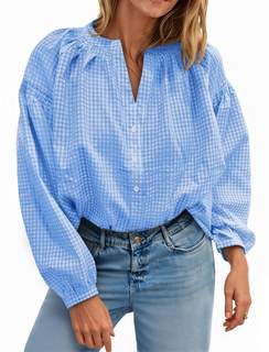 Cicy Bell Womens Gingham Blouse Puff Long Sleeve Plaid Shirts Loose Fit Top | V Neck,Button Down,100% Soft Bre