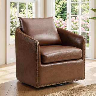 HAOMARKETS 360 Degree Swivel Barrel Chair with Plump Back Pillow, Waterproof Oil Waxed PU Leather Swivel Armch