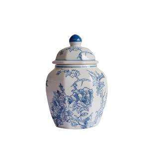 12 inches Ginger Jar Lid- Blue flowers bird Ceramic Decorative with Lid flower vase， Light grey chinoiserie gi