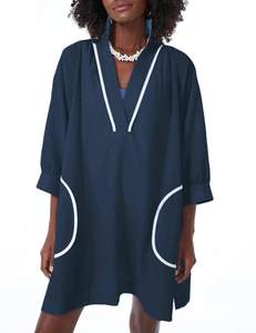 Ailoqing Swimsuit Coverup Womens V Neck 3/4 Sleeve Casual Shirt Dress with Pockets Small Navy