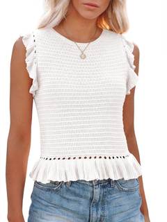 PiePieBuy Women's Summer Knit Tank Tops Crew Neck Sleeveless Cami Shirts Tees Ruffle Sweater Vest Small White