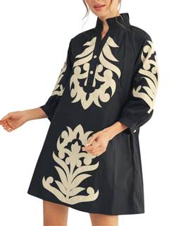 Womens Floral Embroidered Applique Mini Summer Dress 3/4 Puff Sleeves Ruffled V Neck Loose Casual Shift Dress 