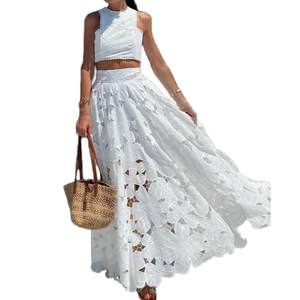 REASERAL Womens Lace Maxi Skirt Outfits Sleeveless Crop Vest Top Sexy Hollow Out Maxi Skirt Beach Vacation Set