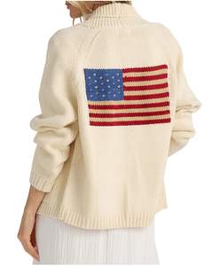 Women's American Flag Cardigan Long Sleeve Shawl Collar Button Down Fall Chunky Knit Varsity Sweater Beige Med