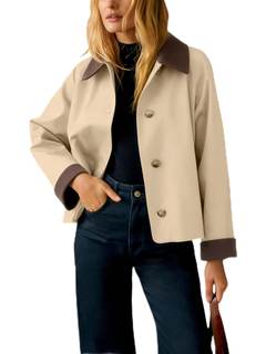 Lviefent Womens Contrast Collar Jacket Casual Button Down Long Sleeves Crop Trench Coat Outerwear with Pockets