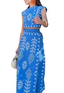 THLAI Women's Bohemian Floral Printed 2 Piece Set Crop Tank Top & Beach Party Maxi Dress Set Outfit Blue Mediu