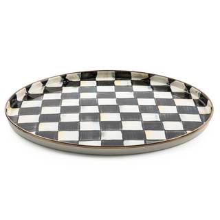 MACKENZIE-CHILDS Enamel Round Tray, Black-and-White Courtly Check | Hand-painted design, made from enameled st