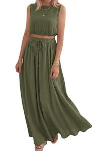 PRETTYGARDEN Cotton 2 Piece Sets for Women Summer Outfits 2026 Sleeveless Crop Top Long Maxi Skirt Set with Po