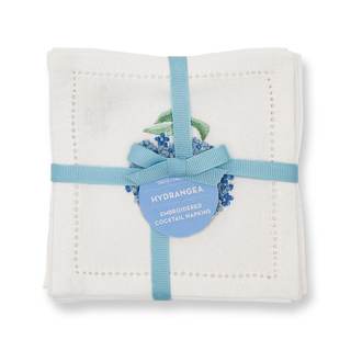 Two's Company Hydrangea Set of 6 Hemstitch Cocktail Napkins w/Hand Embroidered Details – Cotton, 5"x5" – Elega