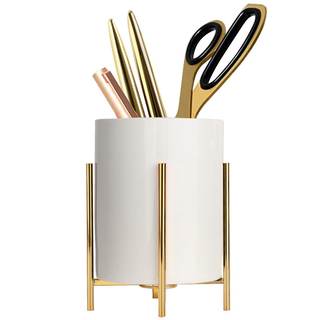 Gold pencil cup Sturdy metal frame with white ceramic pen holder For desks and kitchen appliance holders H 4.6