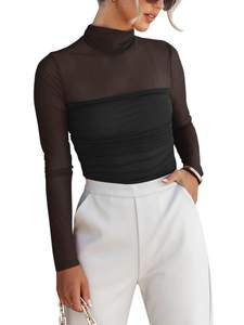 REORIA Women’s Trendy Sexy Mock Turtle Neck Long Sleeve Sheer Mesh Ruched Going Out Bodysuits Tops Large Black