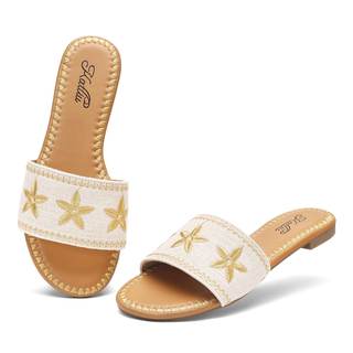 katliu Women's Boho Flat Sandals Seashell Starfish Embroidery Slide Sandals | Summer Beach Flats, Soft Cushion