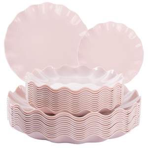 LIYH 24 Pcs Pink Plastic Plates Reusable, Pink Scalloped Plates Durable and Dishwasher Safe, Light Weight Dais