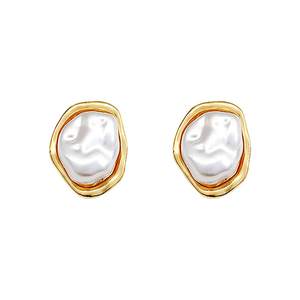 Pearl Earrings for Women 14k Gold Plated Baroque Pearls Stud Earrings Chunky Vintage Pearl Statement Earrings 