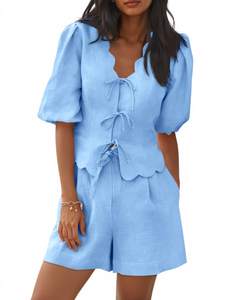 Cicy Bell Womens Summer 2 Piece Short Sets Puff Sleeve Pajamas Matching Set | Short Sleeve, Ruffle V Neck, Bow