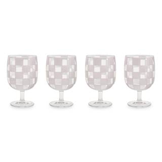 MACKENZIE-CHILDS Acrylic Water Goblet Set, White Check | Hand-applied design, stemmed water glasses, 3.15" dia