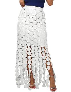 Kissonic Womens Long Fringe Maxi Skirt Summer Hollow Out Boho Elastic High Waist Skirt White Large
