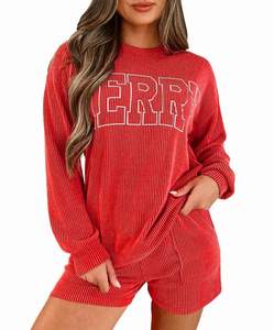 Opemiby Womens 2 Piece Pajama Sets Ribbed Matching Lounge Short Set Outfit | 2026 Long Sleeve Top and Shorts P