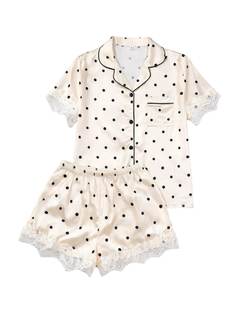 Verdusa Women's 2 Piece Pj Sets Polka Dots Satin Pajama Set Lace Lounge Sets Button Down Shirts with Shorts Me