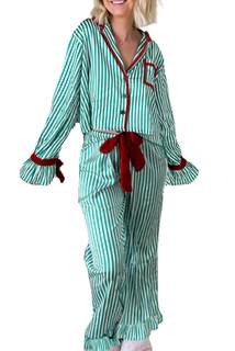 KMBANGI Women Santa Bow Tie Pajama Set Christmas Long Sleeve Shirt Pants Pj Silky Satin Graphic 2Piece Holiday