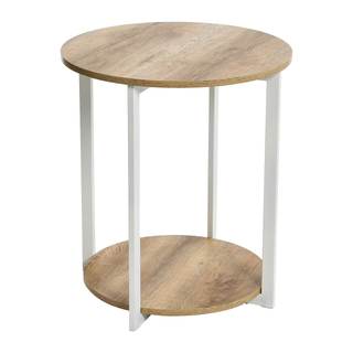 Household Essentials Jamestown Round Side End Table with Storage Shelf, Coastal Oak Rustic Wood Grain and Whit