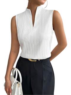QJQ Women's Deep V Neck Sleeveless Work TopsTank Tops Blouses Business Casual Outfits Work Stripe Shirt