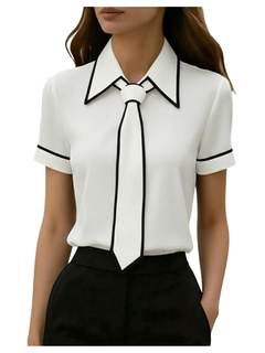 WDIRARA Women's Contrast Trim Tie Neck Shirts Short Sleeve Blouse Business Dressy Tops Small White