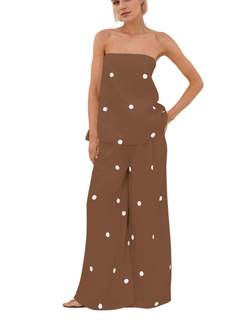 calbatic Women Polka Dot 2 Piece Outfits Spot Strapless Tube Top High Waist Wide Leg Pants Casual Lounge Set S