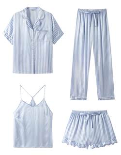 SAPJON Silk Satin 4 Piece Pajamas for Women Set, Camisole Lounge Ruffle Pjs | Cute Tank Top, Button up Sleepwe