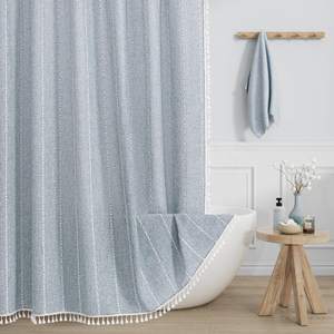 MitoVilla Blue Boho Fabric Shower Curtain, Modern Farmhouse Polyester Linen Shower Curtains for Vintage Rustic
