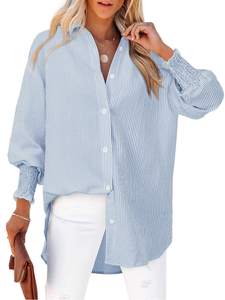 Women's Striped Button Down Shirts Long Sleeve Smocked Cuffed Oversized Boyfriend Blouses Collared Work No Poc