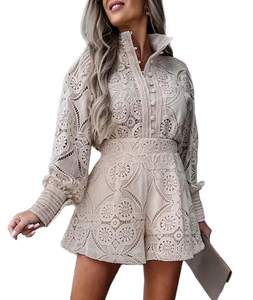 SOMTHRON Womens Eyelet Lace Two Piece Outfits Blouse Tops Shorts Set | Floral Embroidery, Hollow Out, Button D