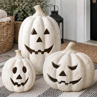 Fall Decor - White Handmade Terracotta Pumpkin Jack O' Lantern Indoor | 7.5"H Artisan Finish Autumn Decoration