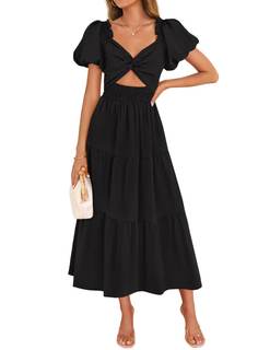 ZESICA Womens Summer Casual Cutout Flowy Vacation Maxi Dress | Short Puff Sleeve, A Line, Smocked Dress, Beach