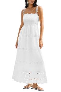 dowerme Womens Spaghetti Strap Eyelet Cotton Boho Maxi Dress | Summer Casual Square Neck Smocked Long Wedding 