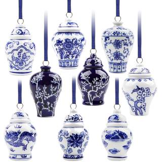 YIYA 9 Pack Porcelain Christmas Tree Ornaments 3.5 in Blue and White Ornaments Christmas Chinoiserie Hanging O