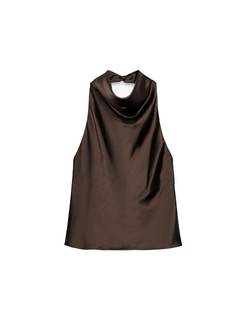 Women's Satin Tank Top Backless Halter Neck Camisole Elegant Draped Front Loose Fit Sexy Summer Tops Brown M
