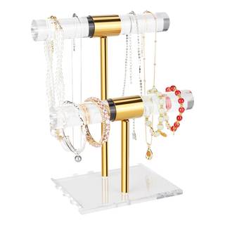 Necklace Holder Bracelet Holder, 2-Tier Acrylic Jewelry Display Stand Gold Jewelry Tower Stand Crystal T Bar J