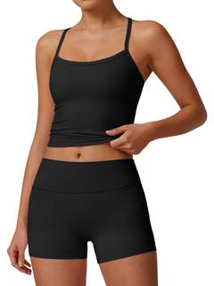 Aoysky Women's 2 Piece Buttery Soft Workout Set Padded T-Back Tank Top and High Waist Booty Gym Biker Shorts f