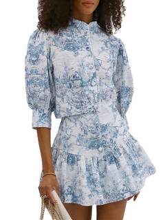 THLAI Women 2 Piece Outfits Skirt Sets Floral Print Button Down Bishop Sleeve Shirt Top and Aline Pleated Mini