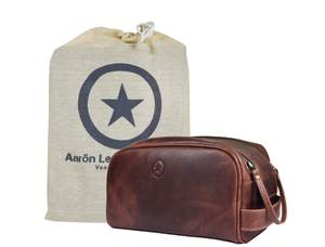 10" Premium Leather Toiletry Travel Pouch With Waterproof Lining | King-Size Handcrafted Vintage Dopp - Kit By