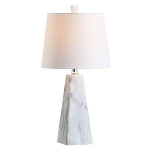 JONATHAN Y Owen Resin Table Lamp 20.5", White Marble Finish | Contemporary, Faceted Obelisk Base, Linen Shade,