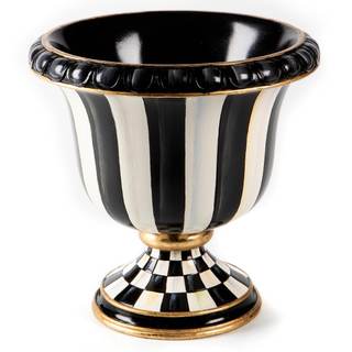 MACKENZIE-CHILDS Pedestal Tabletop Urn, Black-and-White Courtly Stripe | Hand-painted design, made from resin,