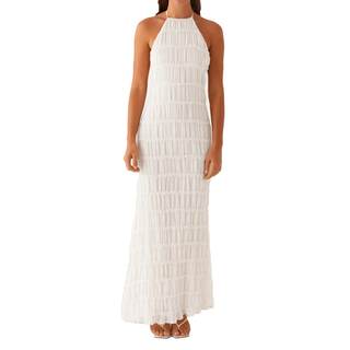 ABYOVRT Women Backless Dress Sleeveless Textured Halter Open Back Maxi Dresses Vacation Wedding Guest White Sm