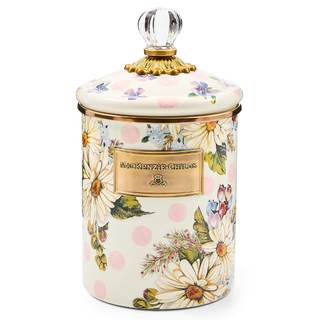 MACKENZIE-CHILDS Enamel Canister, Medium, Pink Wildflowers | Hand-applied design, versatile kitchen storage co