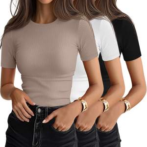 Ficerd 3 Pack Women's Ribbed T-Shirts | Cotton Short Sleeve, Basic Tees, Crewneck, Slim Fitted Tops, Summer Ca